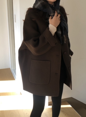 95澳州羊毛 2023新款 中长款高端毛呢外套秋冬咖色双面羊绒大衣女