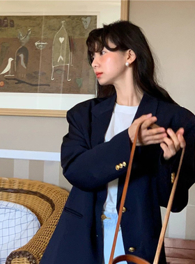 不定义风格~2024新款 韩版休闲宽松时髦金属扣藏青色小西装外套女