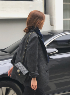 ◆UKwindJK 60%羊毛 韩版休闲宽松加厚毛呢灰色西装外套女英伦风