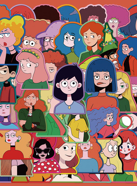 50张创意卡通扁平风人物贴纸行李箱保温杯手机壳装饰diy防水贴画