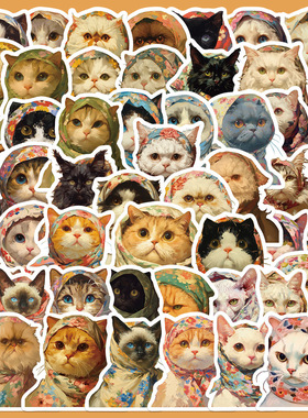 50张头巾猫猫贴纸手账透明手机壳DIY装饰图案防水行李箱电脑贴画