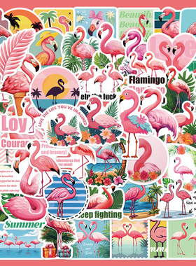 50张火烈鸟贴纸手账透明手机壳DIY装饰小图案防水行李箱电脑贴画