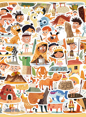 55张复古史前卡通贴纸笔记本电脑手账本手机壳跨境爆款装饰贴画