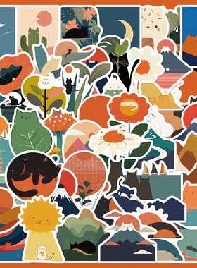 50张可爱卡通登上这座喵喵山贴纸手账本透明手机壳DIY装饰小图案