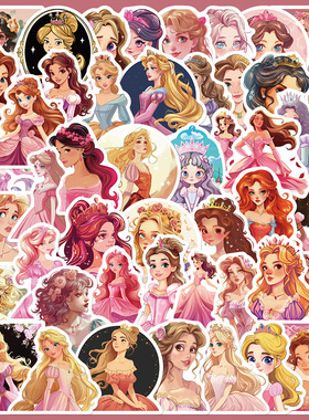 50张可爱卡通粉色公主贴纸手账透明手机壳DIY充电宝装饰图案贴画