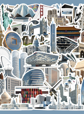 65张世界名建筑贴纸笔记本电脑手账本手机壳iPad装饰防水DIY贴画