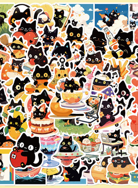 60张猫猫笔记贴纸可爱卡通手机壳手账本iPad水杯吉他装饰防水贴画
