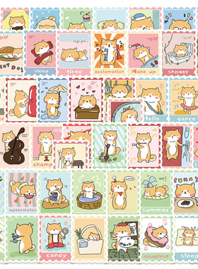 50张卡通可爱热狗柴柴邮票涂鸦贴纸清新简约装饰冰箱手账文具贴画