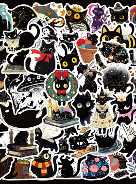 50张卡通可爱黑猫贴纸笔记本电脑手账本手机壳装饰防水diy贴画