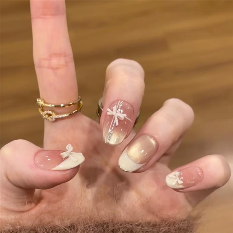 微甜少女纯手工穿戴甲美甲蝴蝶结ins风高级显白猫眼短款小香风