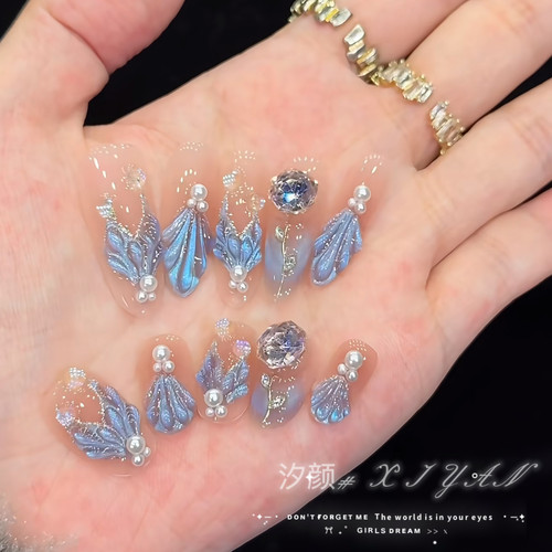 人鱼玫瑰纯手工穿戴甲中长款闪钻美甲高级感显白指甲贴片气质轻奢