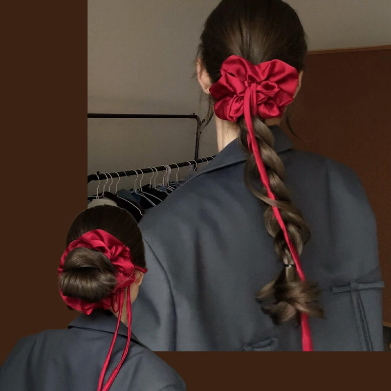 法式缎面丝带蝴蝶结大肠发圈女红色新年氛围感马尾丸子头发绳发饰