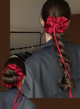 法式缎面丝带蝴蝶结大肠发圈女红色新年氛围感马尾丸子头发绳发饰