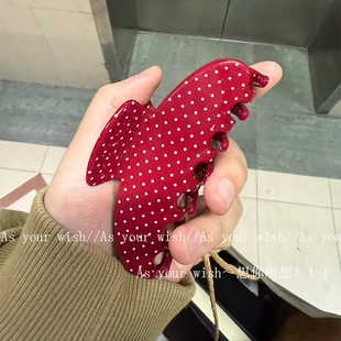 韩系波点醋酸抓夹时尚 通勤后脑勺盘发鲨鱼夹新年复古红高级感发饰