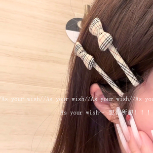 高级感前额碎发侧边刘海夹 纹蝴蝶结一字夹女新款 经典 复古英伦风格