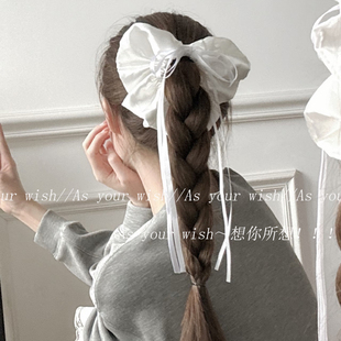 韩系超仙芭蕾风白色缎面飘带蝴蝶结大肠发圈女高级感气质发绳发饰