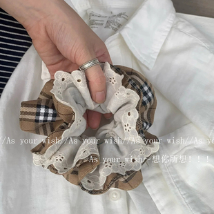 复古中古格纹双层花边大肠发圈秋冬新款 气质高级感丸子头发绳发饰