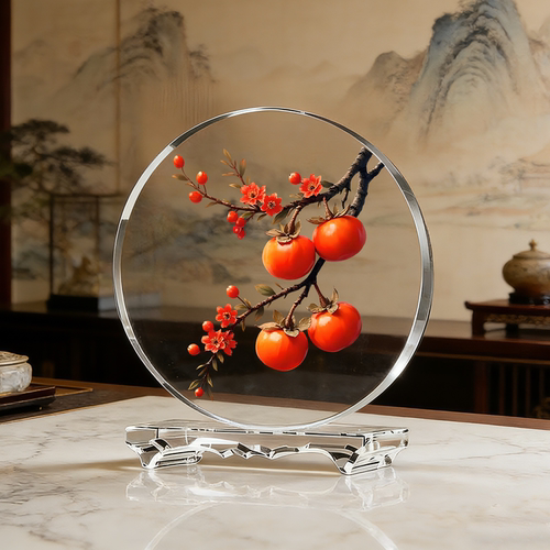 好柿成双内雕水晶摆件喜上眉梢装饰品家居开业乔迁礼工艺桌面摆台