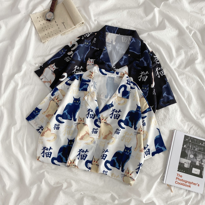 网红短袖花衬衫女夏季韩版宽松港味复古原宿bf风卡通猫咪图案衬衣在类目 女装/女士精品, 衬衫中 - 来自Buy2taobao.com提供专业的淘宝代购服务