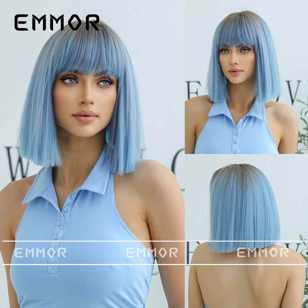 欧美夏日齐刘海短发bobo梦幻浪漫蓝色自然个性时尚假发头套女wigs