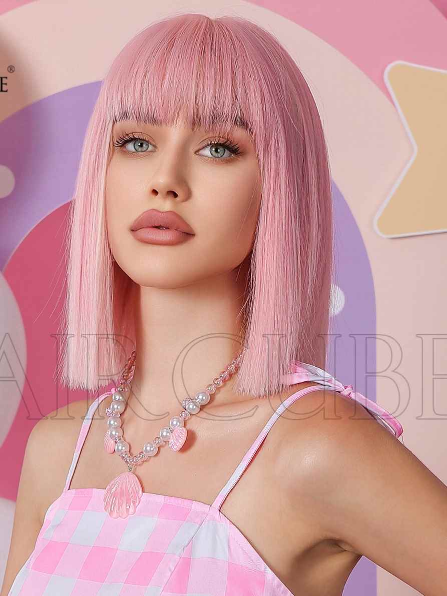Barbie Light pink shoulder length straight wig芭比粉色短假发