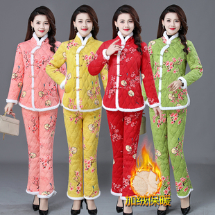 时尚妈妈棉衣棉裤套装秋冬加绒加厚花棉袄盘扣唐装外套女士居家服