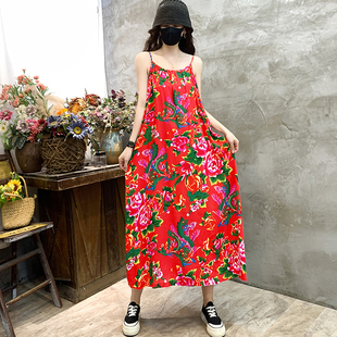 东北大花吊带连衣裙棉绸吊带裙民族风波西米亚宽松人造棉沙滩裙子