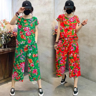 夏季薄款棉绸睡衣套装东北大花民族风演出服女式短袖T恤家居服装