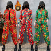 国潮新款 民族风中式 厚长袖 东北大花加绒套装 长裤 两件套姐妹聚会服