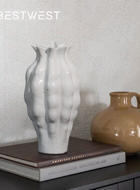 精选博西家居 棕色土黄色大肚陶瓷花摆件新中式家居Z客厅花器陶