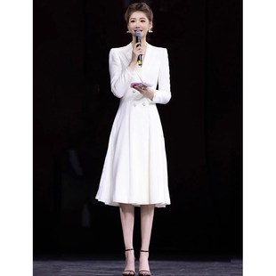 新款女主持人礼服套装白色长袖西装D裙端庄大气晚会宴会演出服气