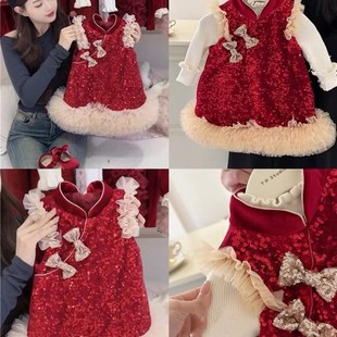 新款女童秋冬公h主连衣裙红色拜年服新年生日派对演出亮片加绒礼
