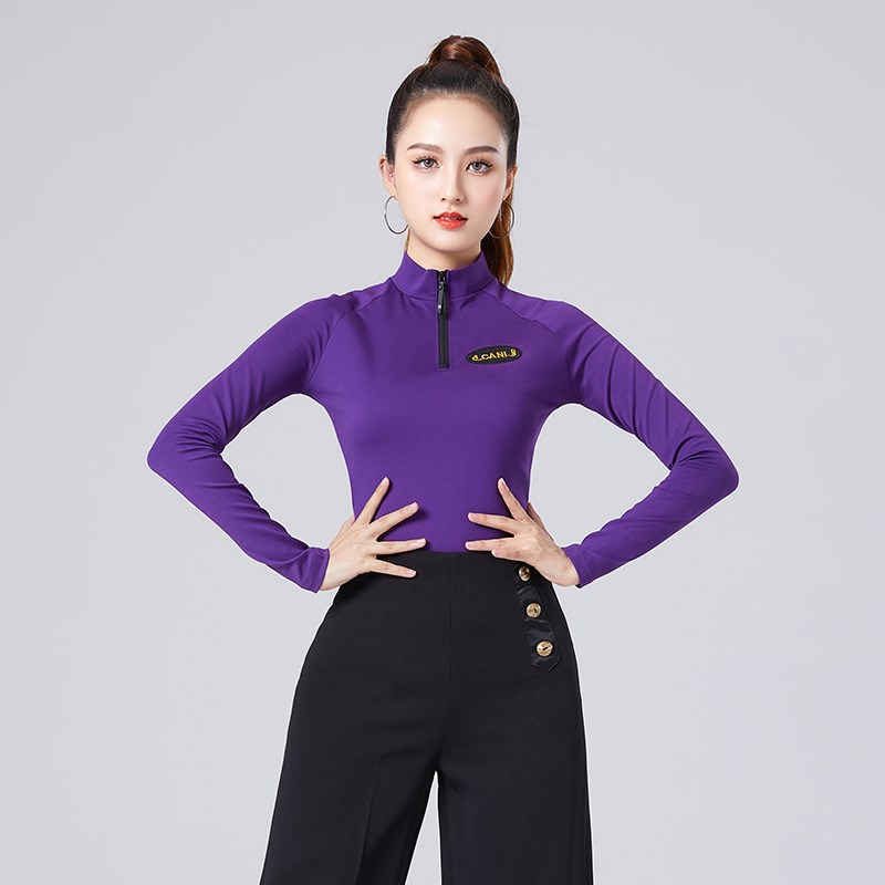 新选拉丁舞蹈服上衣女q成人摩登舞新款长袖秋冬练功服国标舞服紫