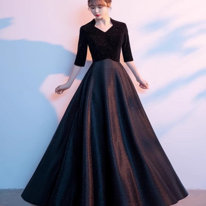 新选黑色合唱礼服女长裙新款成人合唱团演出O服乐团指挥表演宴会