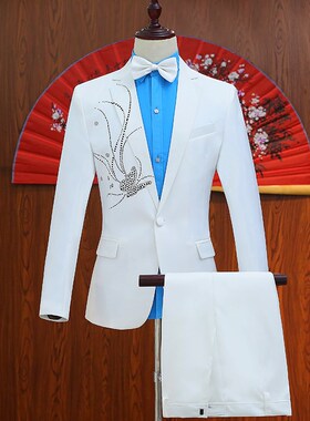 新选男白色西装套装表演礼服主持人晚礼服男舞台歌V手司仪演出大