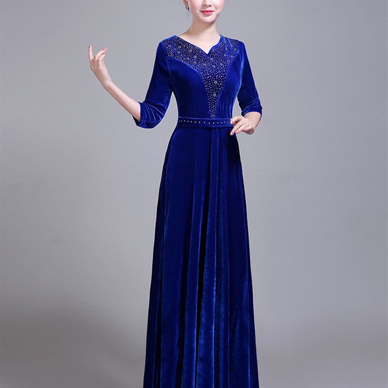 新选新款金丝绒大合唱礼服演出服装女长裙成M人修身中老年合唱团