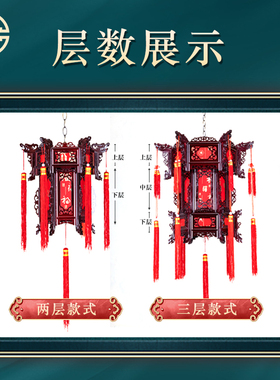 新年中式实木宫灯l阳台大红色六角羊皮古典春节新年吊灯户外仿古