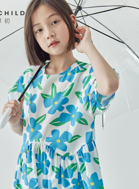 5折/ 棵初春夏中大女童蓝色全棉印花连衣裙中大童泡泡袖碎花裙
