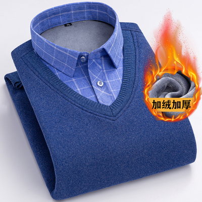 保暖衬衫针织衫假两件男加绒内衣