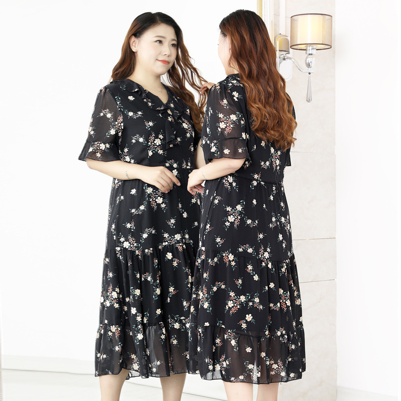 中老年贵夫人品牌女装大码雪纺裙富贵连衣裙妈妈夏装洋气短袖裙子