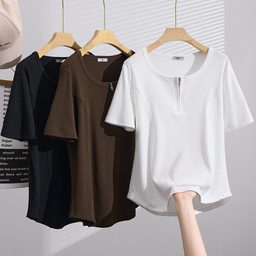 胖韵美秀 夏季新款胖MM大码250斤蚂蚁腰显瘦圆领正肩T恤短袖上衣