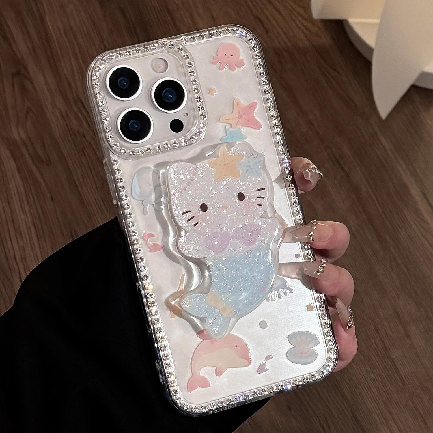 夏日卡通适用苹果16手机壳15promax美人鱼猫咪支架iphone13闪粉