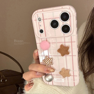 毛呢粉色立体苹果17promax手机壳iphone16适用14韩系格纹13小众15