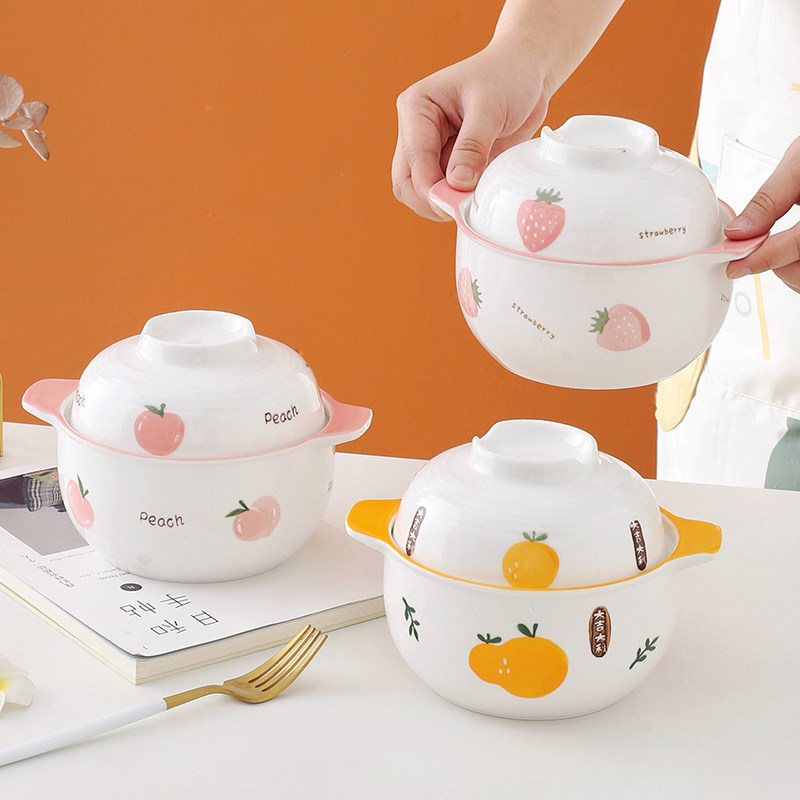 可爱陶瓷创意大容量泡面碗双耳带盖家用新款高颜值学生宿舍用餐碗