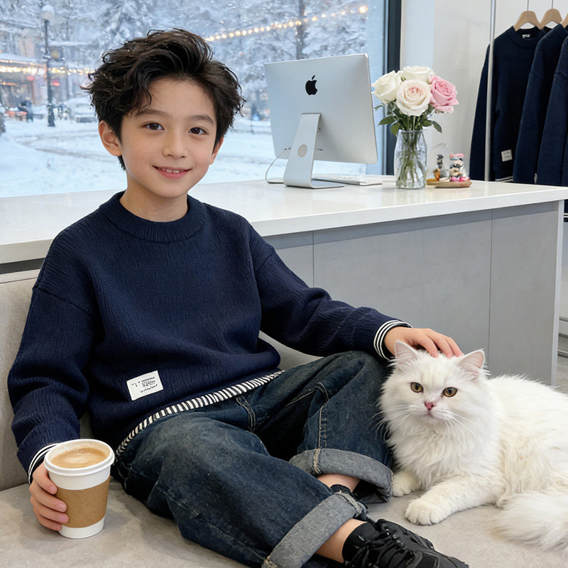 度度猫男童圆领毛衣2025秋冬装新款长袖打底上衣休闲百搭针织衫