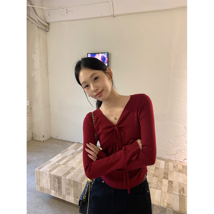 M miss韩版设计感V领系带长袖针织衫女修身打底衫143MY630
