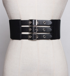 复古潮三排针扣PU皮腰封女装饰衬衫连衣裙摁扣百搭弹力松紧宽腰带