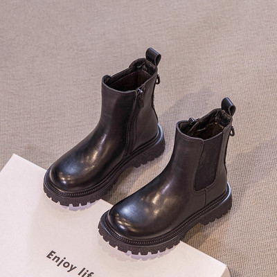 女童真皮软底黑色秋冬季中筒靴子