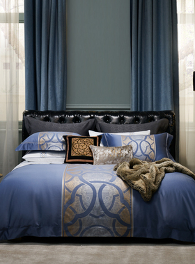 意式轻奢140S双股匹马棉四件套别墅样板房床上用品蓝色欧式被套简
