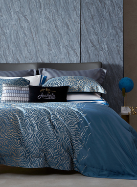 轻奢风140S纯棉四件套蓝色豹纹全棉色织提花床上用品床单床笠别墅